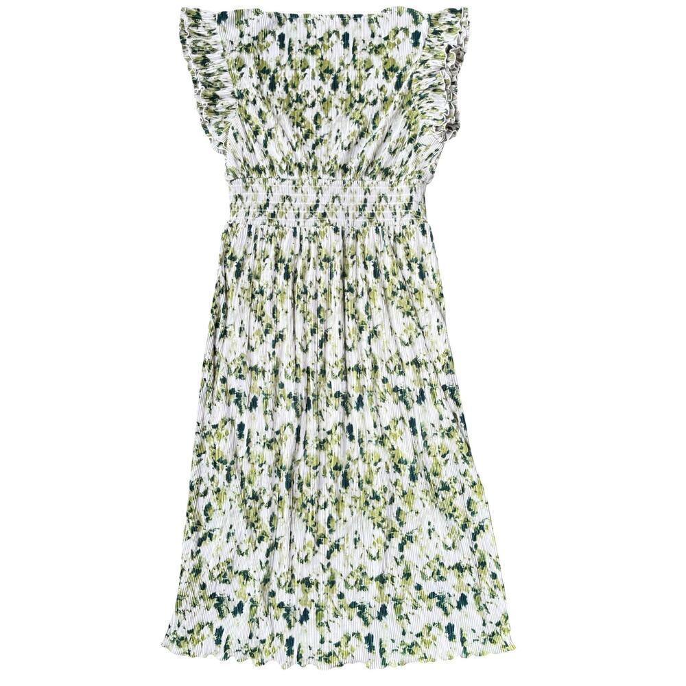 Chelsea28 Flutter Sleeve Plissé Midi Green Ivory Dress NWT Nordstrom - Large - Picture 3 of 12